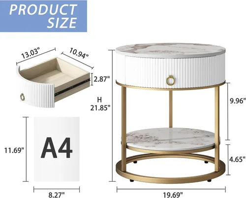 Miniatura 2 de OIOG Mesa auxiliar redonda con cajón, mesita de noche de 2 niveles con estante, mesa auxiliar moderna con patas doradas para sala de estar, Dorado