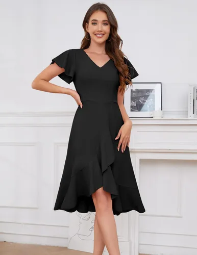 Miniatura 3 de DRESSTELLS Vestidos formales para mujer 2023 con volantes, cuello en V, vestido de cóctel, fiesta de té, vestido modesto de iglesia para invitados