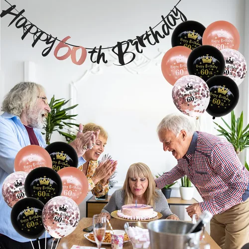 Miniatura 5 de Kit de decoración de cumpleaños número 60, 16 piezas de decoraciones de cumpleaños de oro rosa negro con banderines de feliz cumpleaños 60, globos
