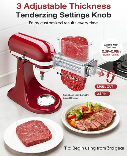 Miniatura 3 de Accesorio ablandador de carne ajustable para batidoras de pie KitchenAid, 3 ajustes de grosor con rueda de metal ancha y herramienta ablandadora