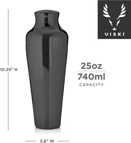 Miniatura 3 de Viski Coctelera parisina contorneada de acero inoxidable pulido de alto brillo con tapa y colador integrados, color negro, juego de 1 unidad de 25