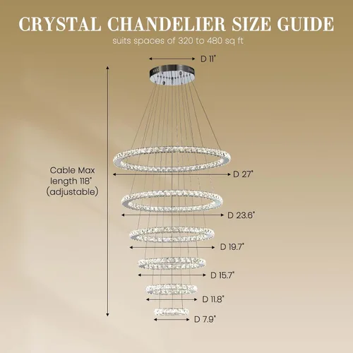 Miniatura 3 de Siljoy Moderna lámpara de araña de cristal, 6 anillos, lámpara de techo LED con 3 colores, lámpara de techo alto para sala de estar, comedor
