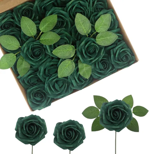 Miniatura 25 de Flores Artificiales Rosas Realistas, 50 piezas de rosas falsas con tallo de aspecto real para ramos de boda DIY, centros de mesa, despedida
