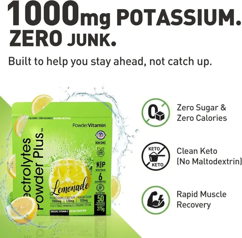 Miniatura 7 de Polvo de Electrolitos Plus (50 porciones), 0 calorías Keto, 0 azúcar, sin maltodextrina, 1000 mg de potasio, 120 mg de calcio, 120 mg de magnesio