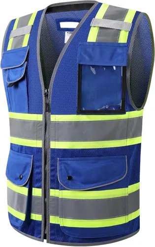 Miniatura 27 de JKSafety Chaleco de seguridad frontal con cremallera de alta visibilidad de 9 bolsillos de color dual MESH Lite Tira reflectante con ribete