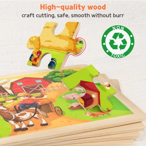 Miniatura 4 de SYNARRY Rompecabezas de madera de animales grandes para niños, caja de regalo 4 en 1 (12.2 x 9.4 pulgadas), certificado FSC, rompecabezas para niños