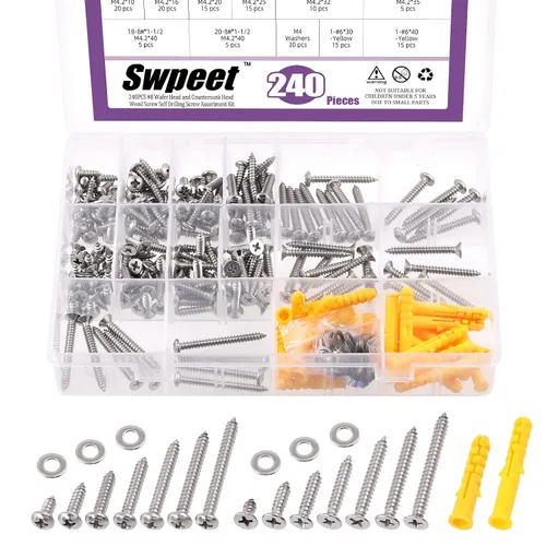 Swpeet 240 piezas #8 x 3/8 pulgadas 5/8 pulgadas 3/8 pulgadas 3/8 pulgadas 3/8 pulgadas 5/8 pulgadas 3/8 pulgadas 304 tornillos de cabeza plana de