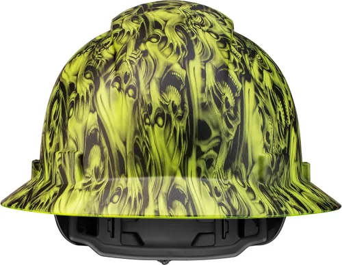 Miniatura 9 de Casco de construcción OSHA de ala completa con diseño de tatuaje/calavera, acabado mate, con suspensión de 6 puntos Three Wise Skulls Hi-Vis