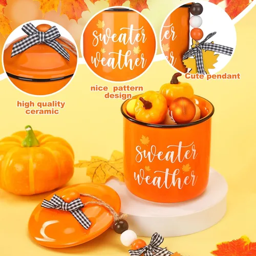 Miniatura 4 de Tanlade Tazas de café de otoño de Acción de Gracias, tazas blancas y naranjas con tapa, taza de cerámica con lazo a cuadros de búfalo y cuentas