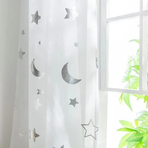 Miniatura 3 de Cortinas Transparentes con Estampado de Lámina Plateada de Luna y Estrellas para Habitación de Niñas - Cortinas de Ventana con Bolsillo