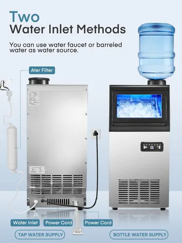 Miniatura 5 de Máquina comercial para hacer hielo, 100 libras/24 horas, máquina de hielo independiente y debajo del mostrador con 2 entradas de agua, 40
