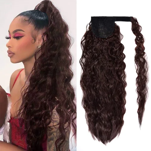 Miniatura 17 de Extensión de cola de caballo con clip de onda de maíz, 22 pulgadas de largo, ondulado, rizado, envolvente, resistente al calor, sintético, postizo