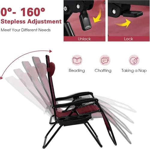 Miniatura 4 de Goplus Sillas de salón Zero Gravity, reclinables plegables ajustables en 160° con almohada y soporte para tazas, cómodas sillas de descanso de 350