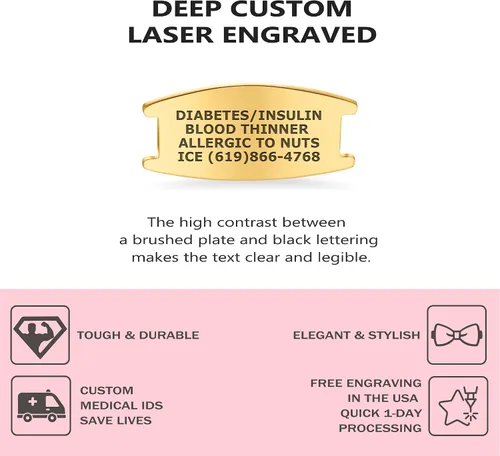 Miniatura 2 de Pulsera de Alerta Médica Elástica Oliva Divoti – Etiqueta de ID de Acero Inoxidable Grabada Personalizada – Hipoalergénica, Sin Cierre