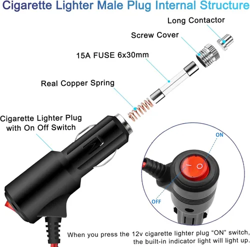 Miniatura 4 de Enchufe de encendedor de cigarrillos de 12 V con interruptor de encendido y apagado, repuesto de enchufe de encendedor de cigarrillos resistente