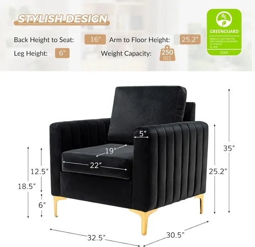 Miniatura 2 de HULALA HOME Silla de club de acento de terciopelo, sillón de terciopelo moderno tapizado de club con patas de metal dorado de mediados de siglo