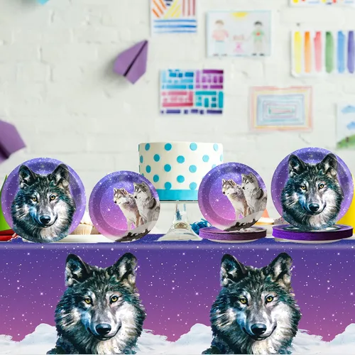 Miniatura 5 de gisgfim Suministros de decoración de fiesta de cumpleaños de lobo para 24 invitados, platos, servilletas, manteles, juego de vajilla desechable