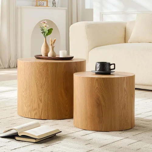 Miniatura 3 de WILLIAMSPACE Juego de 2 mesas de centro anidables, mesas de centro redondas de madera, mesa moderna circular para espacios pequeños, sala de estar