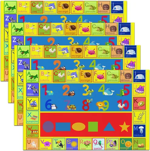 Juego de 4 manteles individuales de aprendizaje educativo para niños, de 12 x 18 pulgadas, con números del alfabeto ABC, juego de 4 manteles