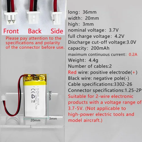 Miniatura 2 de DC 3.7V 200mAh 302035 Batería recargable de polímero de litio, adecuada para productos electrónicos de bricolaje 3.7-5V con reemplazo de batería