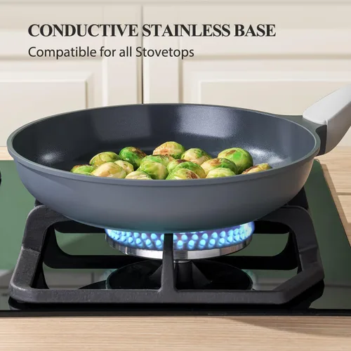 Miniatura 7 de PRICUSIS Sartén de cerámica antiadherente con tapa, sartén no tóxica, sartén para huevos saludables, sartén antiadherente para tortillas, sartén Gris