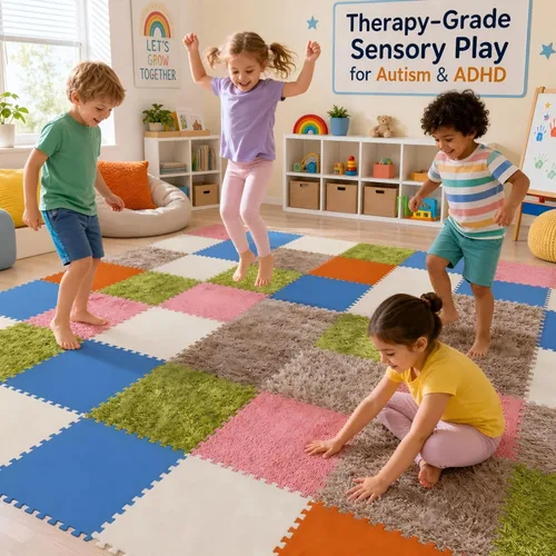 Miniatura 6 de Edusense Paquete de 6 baldosas sensoriales para piso, juguetes de estimulación táctil con texturas para niños, tapete de juego de espuma entrelazado