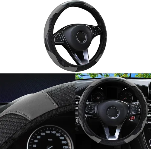 Miniatura 17 de Funda para volante de automóvil, microfibra de fibra de carbono de 15 pulgadas, antideslizante, transpirable, protector elástico para volante