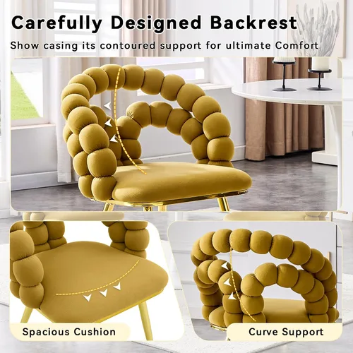 Miniatura 8 de Juego de 2 sillas de comedor de terciopelo, sillas decorativas tapizadas amarillas, sillas de barril con patas doradas para comedor, maquillaje