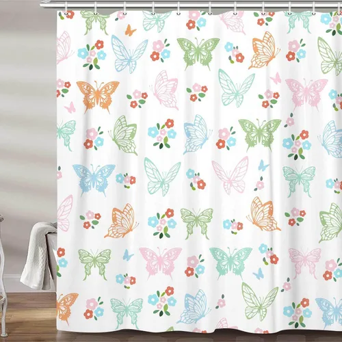 Miniatura 2 de Cortina de ducha con diseño de mariposas, diseño floral, moderna, femenina, para baño, accesorios de baño para niños con ganchos, 47 x 64 pulgadas