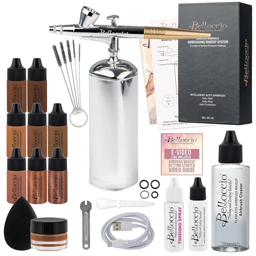 Belloccio Sistema completo de maquillaje cosmético inalámbrico con 5 tonos de base oscura, kit profesional de 18 piezas, imprimación hidratante,