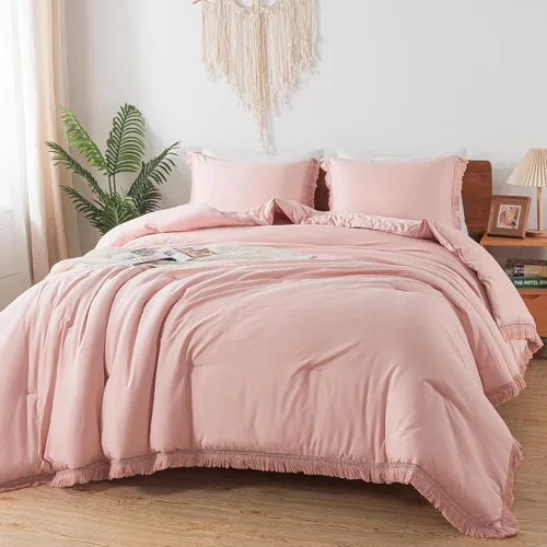 Miniatura 25 de Andency - Juego de edredón tamaño completo de color naranja quemado, 3 piezas, ropa de cama ligera de estilo bohemio terracota para invierno, juego
