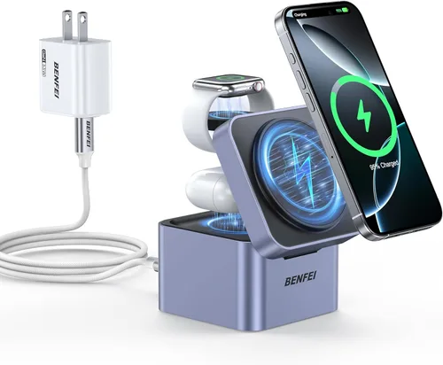 BENFEI Soporte de cargador MagSafe plegable 3 en 1 con cargador rápido GaN de 33 W para iPhone 16/15/14/13/12, Apple Watch y AirPods | Diseño de