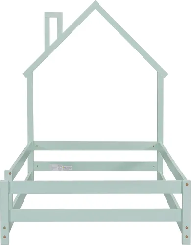 Miniatura 8 de Cama de plataforma de madera de tamaño individual con cabecero y cercas en forma de casa, sin tablillas, cama de piso para dormitorio de niños Verde