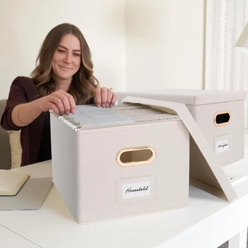 Miniatura 6 de ZICOTO Caja organizadora decorativa de archivos, juego de 2 archivadores plegables de lino con asas, perfectos para almacenar todos tus documentos