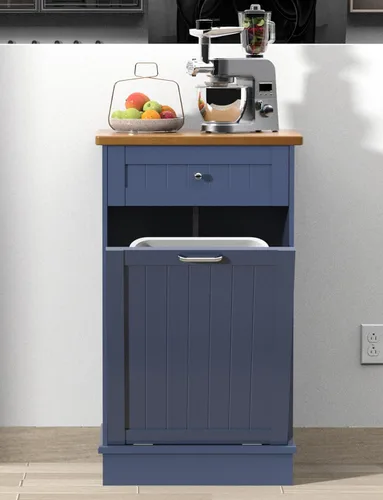 TOLEAD - Gabinete de basura extraíble, isla de cocina estilo antiguo con tablero de perlas, superficie de madera maciza y cajón, gabinete de Azul
