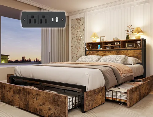Miniatura 9 de EnHomee Base de cama de tamaño matrimonial con 6 cajones de almacenamiento, cabecera y estación de carga, cama de plataforma de metal sin ruido,