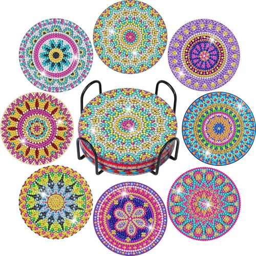 Miniatura 10 de Billbotk Juego de 8 posavasos de pintura de diamantes con soporte, posavasos de arte de diamante, artes y manualidades para adultos, pequeños kits