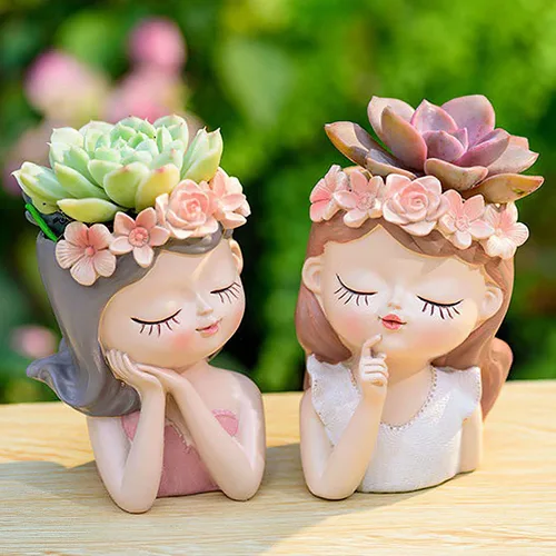 Miniatura 7 de Maceta pequeña con cabeza de hada, bonitas macetas para suculentas, maceta de cara de niña, mini macetas de resina con orificio de drenaje, jarrón