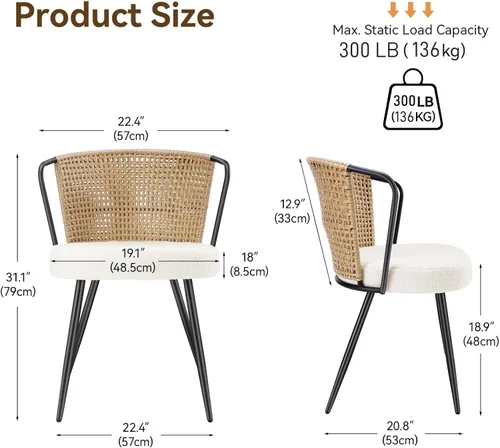 Miniatura 2 de BedsPick Juego de 4 sillas de comedor de ratán, sillas de cocina de ratán de polietileno tapizadas de granja con cojín de bucle, asiento de comedor
