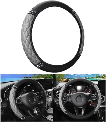 Miniatura 5 de Funda brillante para volante de coche, 14.5-15 pulgadas, piel de oveja con cristales de estrás elástica, protector de volante de vehículo