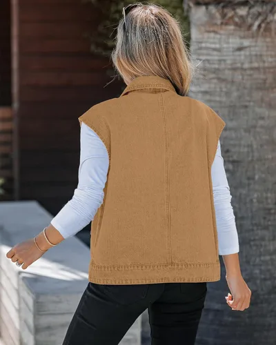 Miniatura 2 de luvamia Denim para mujer, de gran tamaño, con botones, sin mangas, chaqueta vaquera a la moda, casual, ropa de abrigo occidental con bolsillos
