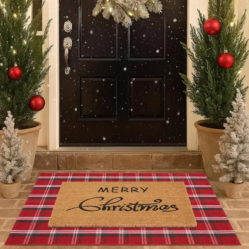 Miniatura 14 de Juego de tapetes de puerta de Navidad - Tapete de bienvenida 100% fibra de coco + alfombra a cuadros roja y negra de 28 x 43 pulgadas, juego