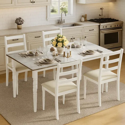 Miniatura 6 de YITAHOME Juego de mesa de comedor de 5 piezas para 4, mesa de comedor de granja con sillas tapizadas de piel sintética, juego de mesa rectangular