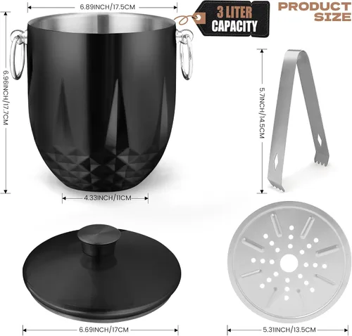 Miniatura 2 de Cubos de hielo de 3L para fiestas y bar de cócteles con tapa de acero inoxidable, pinzas y colador (negro) Cubo de hielo de metal aislado de doble