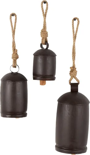 Miniatura 19 de Deco 79 - Campanas de vaca gigantes XL decorativas de metal dorado con cuerda de yute para colgar, juego de 3 campanas de 10 pulgadas, 8 pulgadas