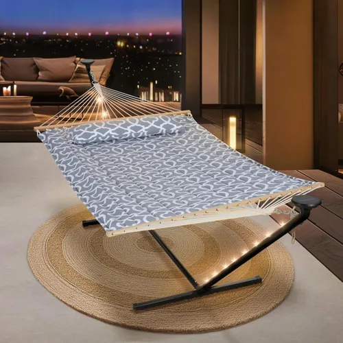 Miniatura 9 de SUNCREAT Hamaca doble con soporte de 12 pies, luces solares incluidas, hamaca al aire libre para exterior, gris oscuro