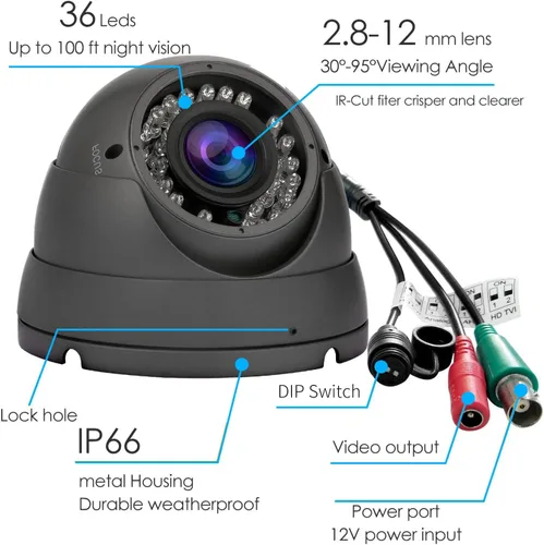 Miniatura 6 de Cámara CCTV HD 1080P 4 en 1 (TVI/AHD/CVI/960H/CVBS) Cámara domo de seguridad, lente varifocal de 0.110-0.472 in, videovigilancia analógica, visión