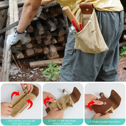 Miniatura 5 de Bolsa de forrajeo de lona encerada de piel sintética, plegable, para exteriores, bolsa de forrajeo para caza de hongos, cinturón de bushcraft, Caqui