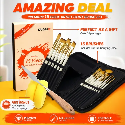 Miniatura 2 de DUGATO Juego de 15 pinceles para pintura artística con estuche emergente, cuchillo de paleta y esponjas, pelo de nailon para pintura acrílica, óleo