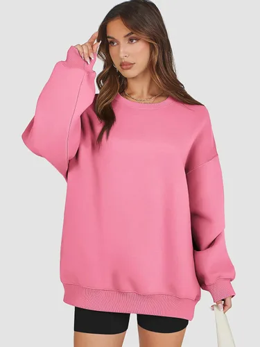Miniatura 2 de ATHMILE Sudadera de gran tamaño para mujer, cuello redondo, forro polar, manga larga, sudaderas con capucha, tops de otoño, ropa de moda 2024